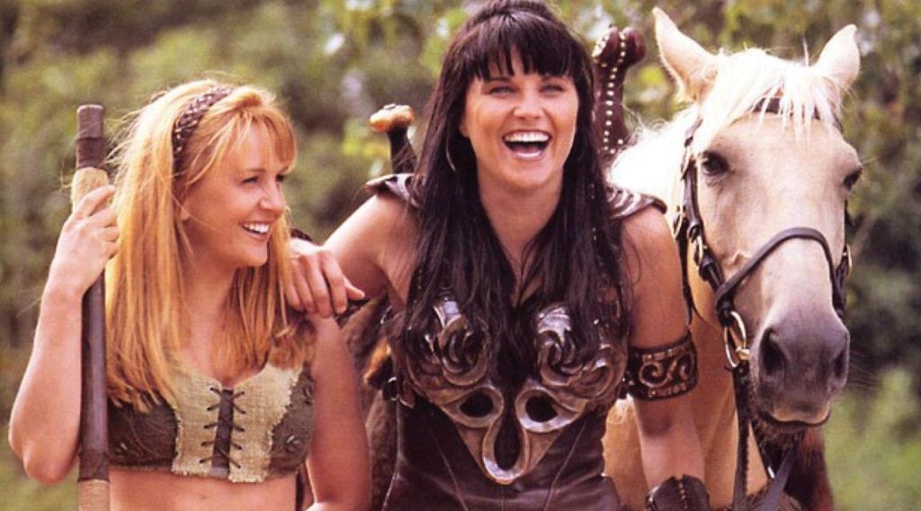 Photo of Renée O'Connor with Lucy Lawless on Xena: Warrior Princess (photo: courtesy Renée O'Connor)